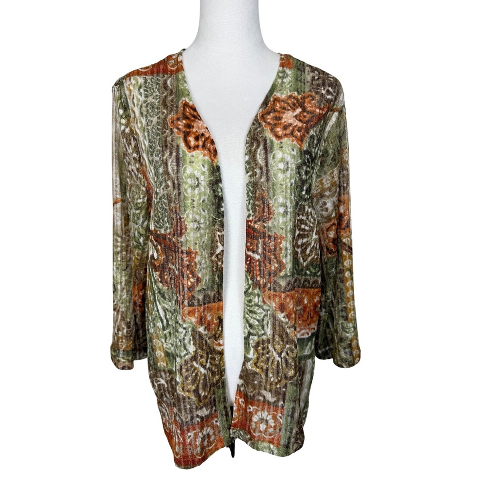Alfred Dunner Women's XL Open Front Cardigan Green Orange Sheer Knit